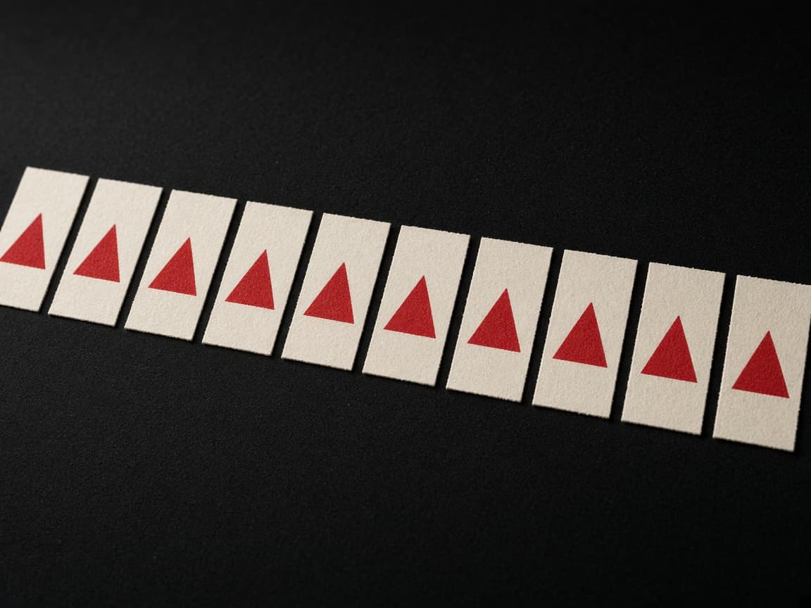 A row of cream cards on black, each stamped with a red triangle.
