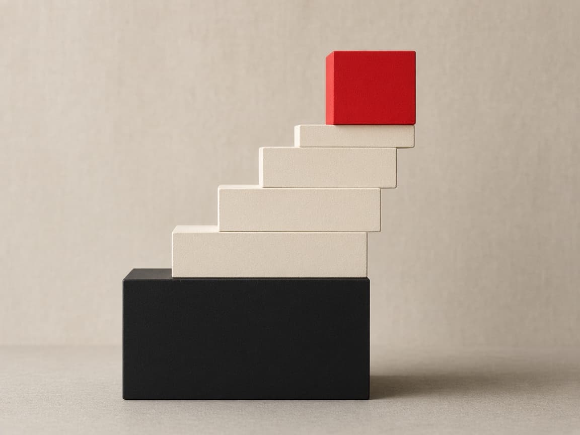 Blocks stepping up from a black base to cream, finished with one red block.