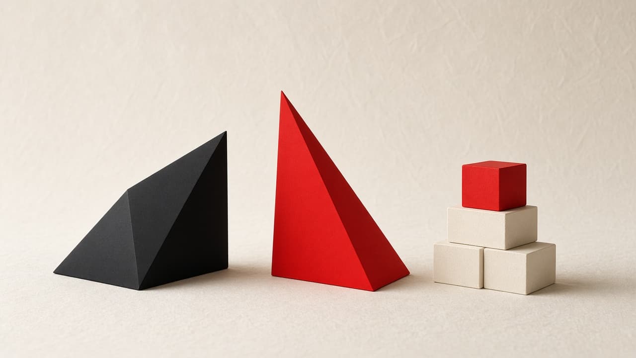 Paper forms on linen: a black fold, a red prism, and a stepped stack.